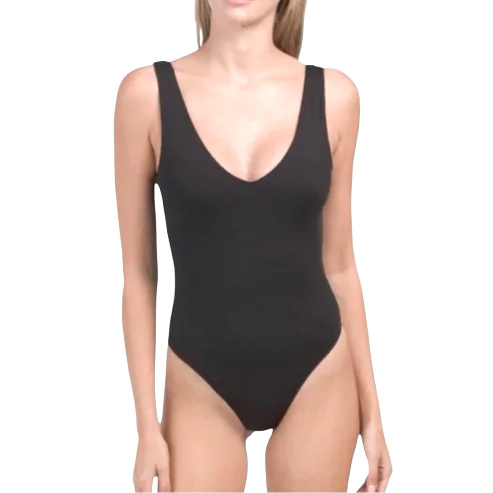House of Harlow 1960 Ribbed Sleeveless Double V-Neck Contour Thong Bodysuit